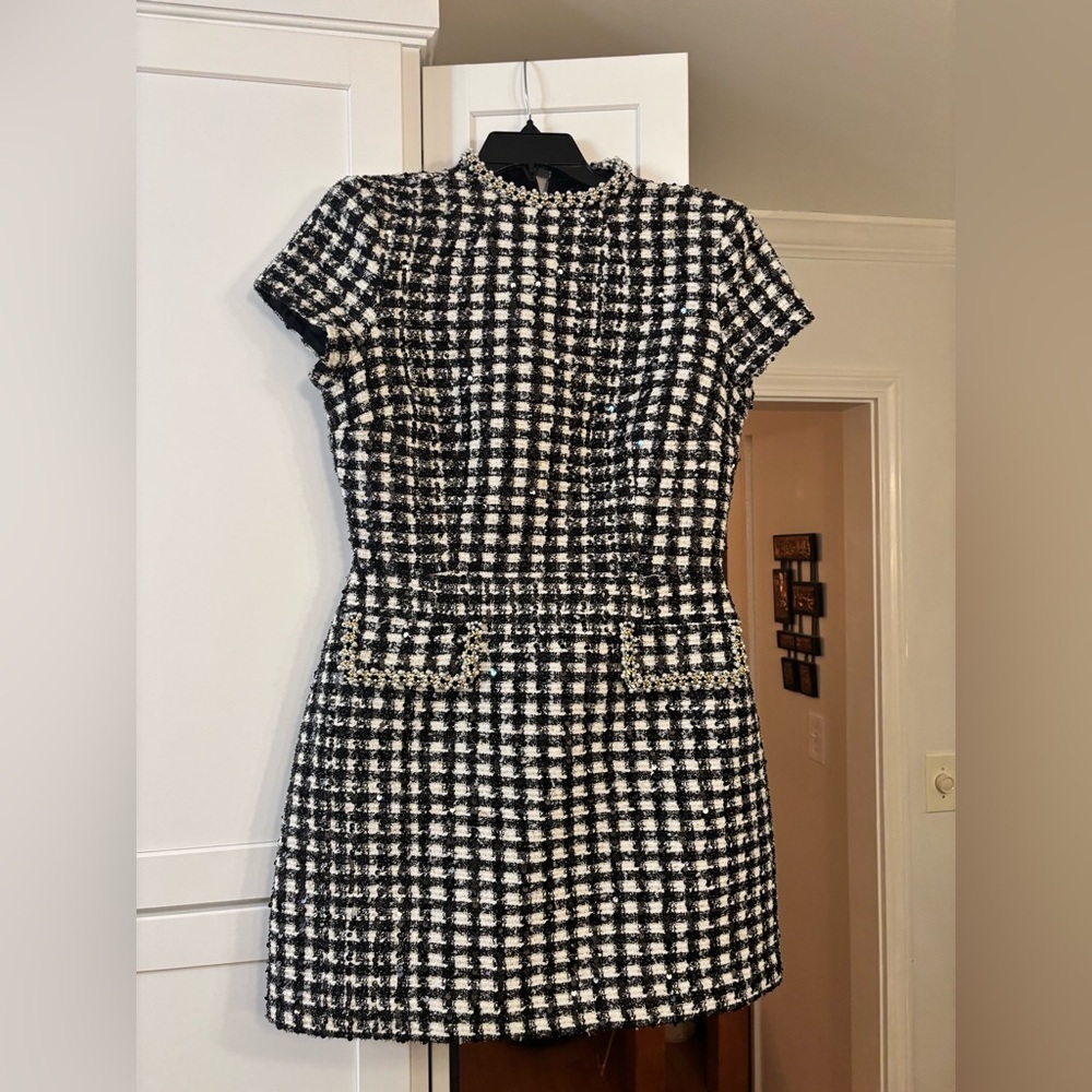 Nadine Merabi Mila check dress in monochrome black and white tweed - Picture 8 of 9